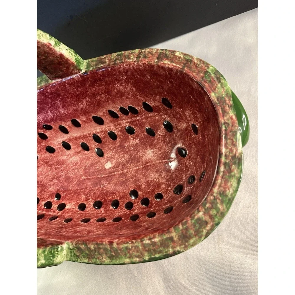 Beautiful 1970's Hand Painted Ceramic Watermelon Bowl With Handle Excellent Cond